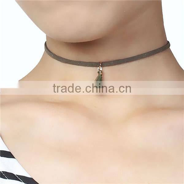 New Fashion Dark Green Velvet Suede Choker Necklace Gold Plated Tassel Pendant 34cm long
