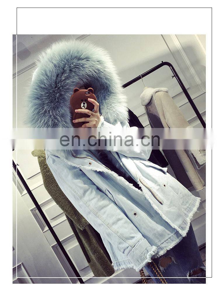 Custom High Fashion Lady Autumn and Winter Cheap Genuine Raccoon Fur Lining Women Jean Coat