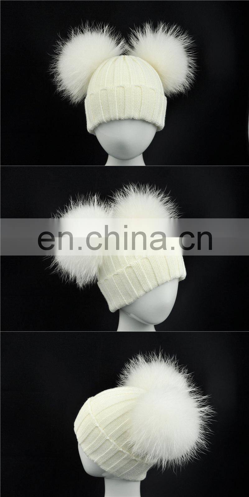 Brand Cute Baby Crochet Hats and Caps with Two Real Raccoon Fur Balls Top Color Matching Hat