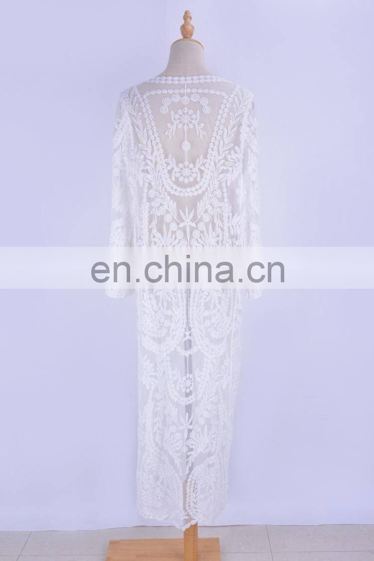 Sexy See Through Three Quarter Sleeve Long Kimono Cardigan Plus Size Women Beachwear Tops And Blouse Shirts Lace Pareo