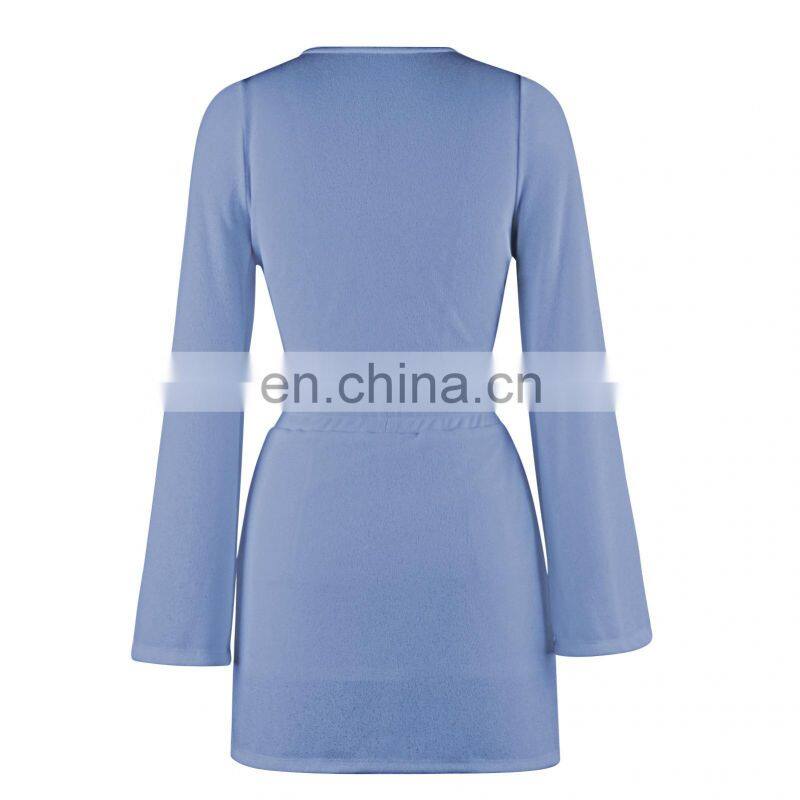 2021 Cross-border New Product Pure Color Women's Fashion Twisted Long Sleeve V-neck Sexy Top Drawstring Short Skirt Autumn Set