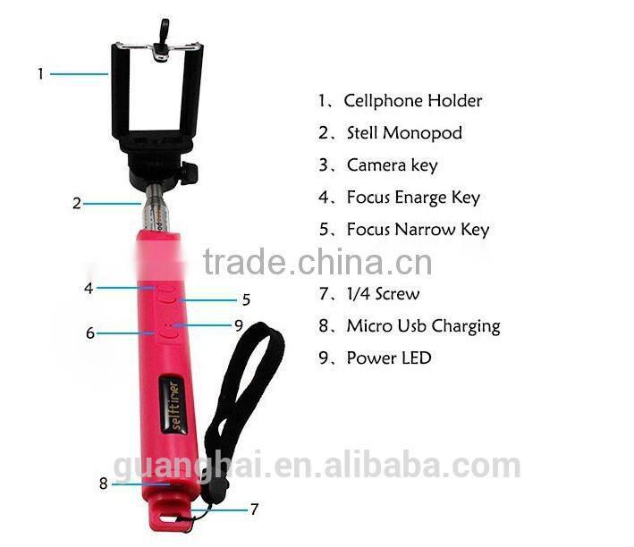 High quality colorful selfie stick bluetooth with zoom for Smart phone and camera