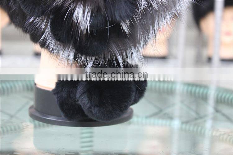 Real Mink Fur Beanies With Silver Fox Fur Pompom Handmade Knitted Hat For Ladies