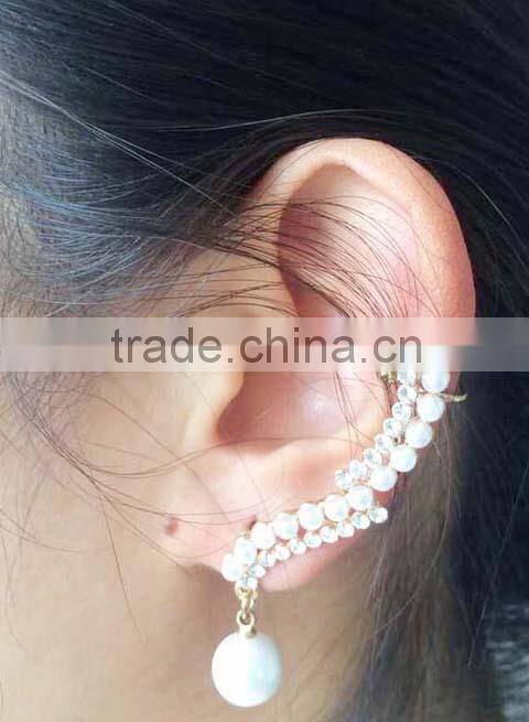 2015 fashion crystal pearl flower ear clip earrings fahion drop ear cuff earrings