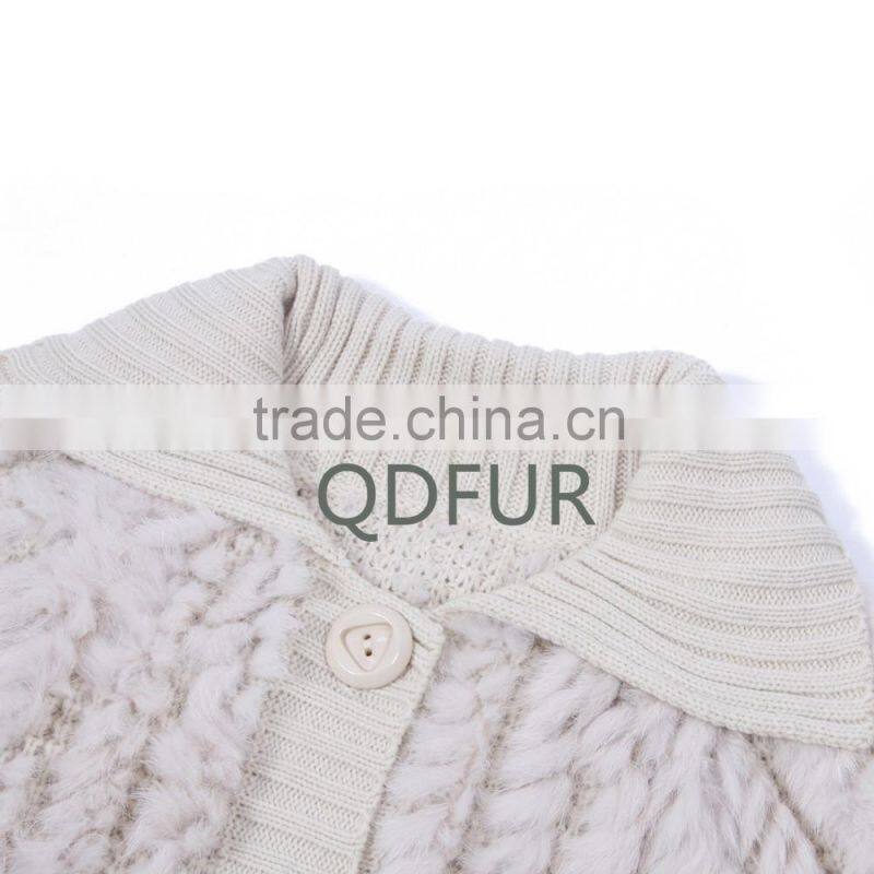 QD81004 2016 New Design Women Knitted Rabbit Fur Batwing Sleeves Vest with 4 Bottons Front Fly