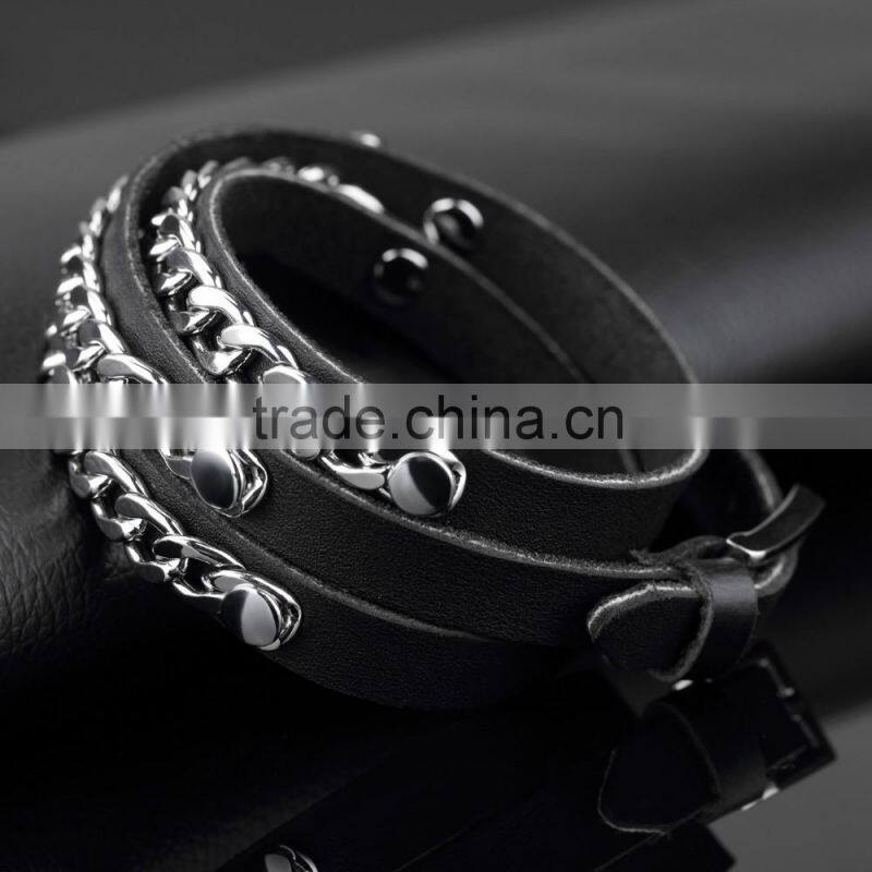 2016 new cool jewelry three wraps black genuine chain link leather bracelet for men
