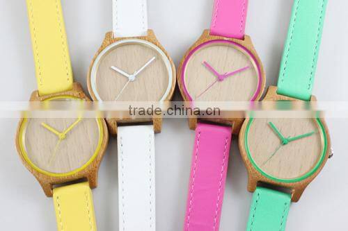 hot sale newest wood case with leather band fashion colorful ladies watch(WJ-3910)