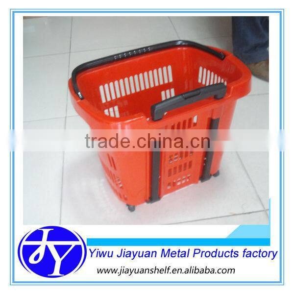 plastic market basket with two wheels and foldable handle bar