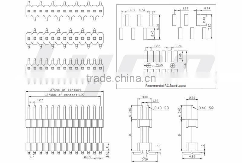 Pin header Pitch 1.27mm Board Spacer Single Row/Dual Row;Straight SMT Type