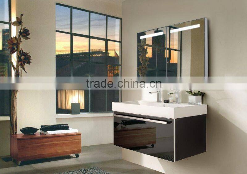 High quality led illuminated bathroom mirror cabinet with shaver socket and tempered glass shelves