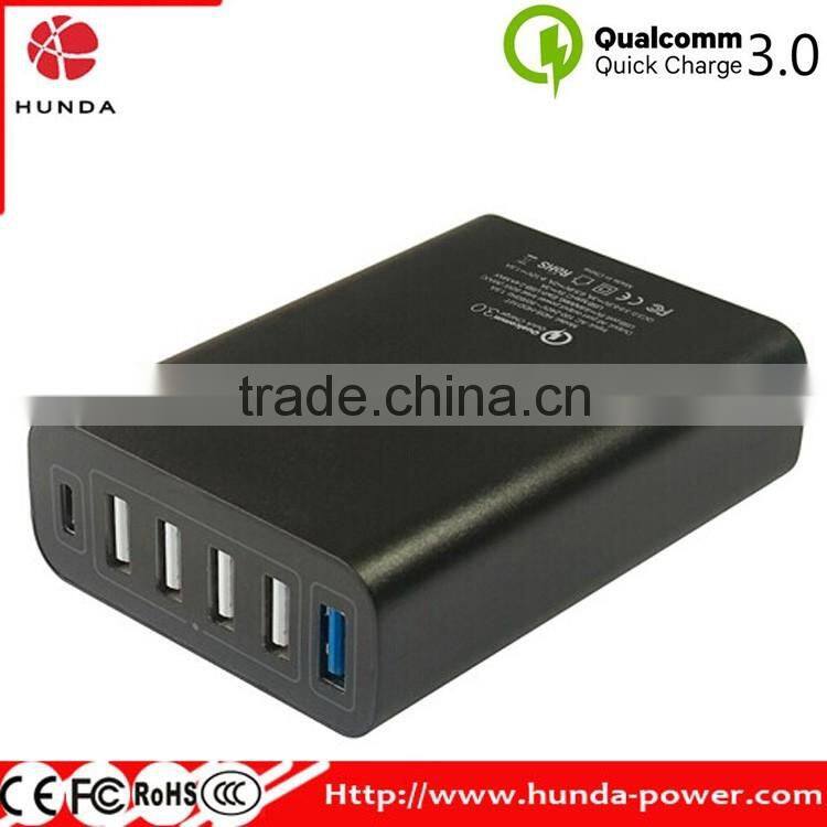 HUNDA Factory 60W 6Port USB Charger with Single Quick Charge 3.0 Port + Type C Port