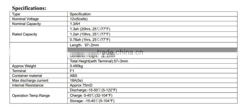 sealed type 1.3ah 12v lead acid battery