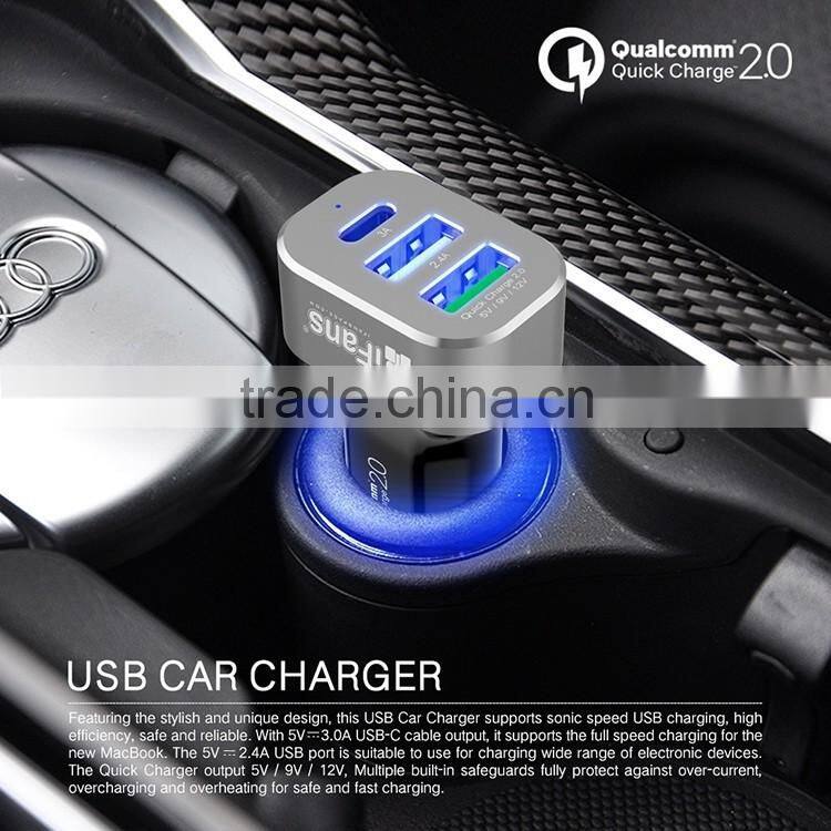 48W Car Charger QC 3.0 Quick Car Charger 3 USB Port Travel Charger 12V Car Battery Charger with USB C Port