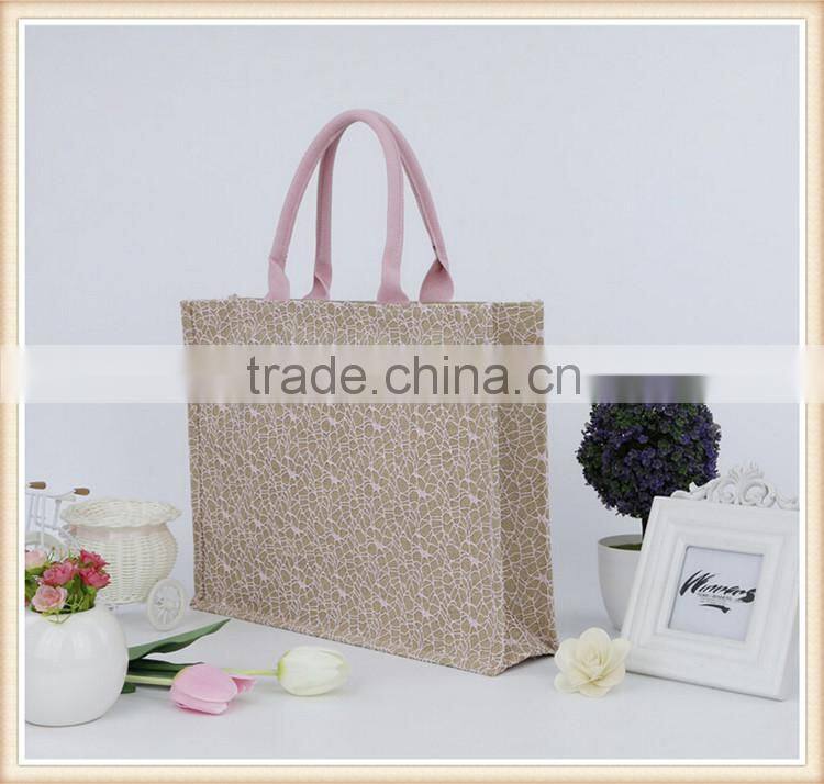 2015 new design jute shopping bag with lace cover