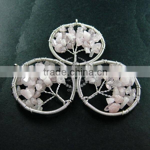 50mm round handmade wiring tree in random pink rose quartz stone pendant charm DIY supplies 1820257
