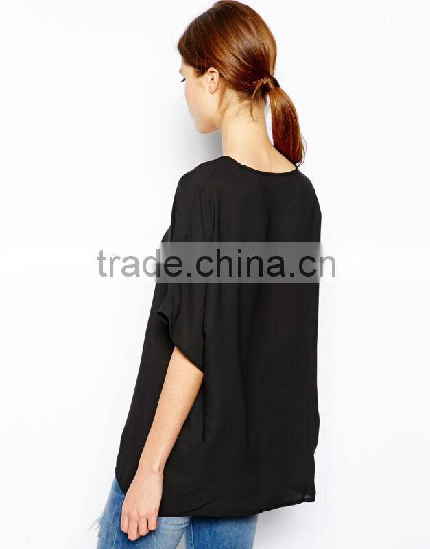 China wholesale shirt woman Polyester V- neckline New Designer Plain Black T shirts