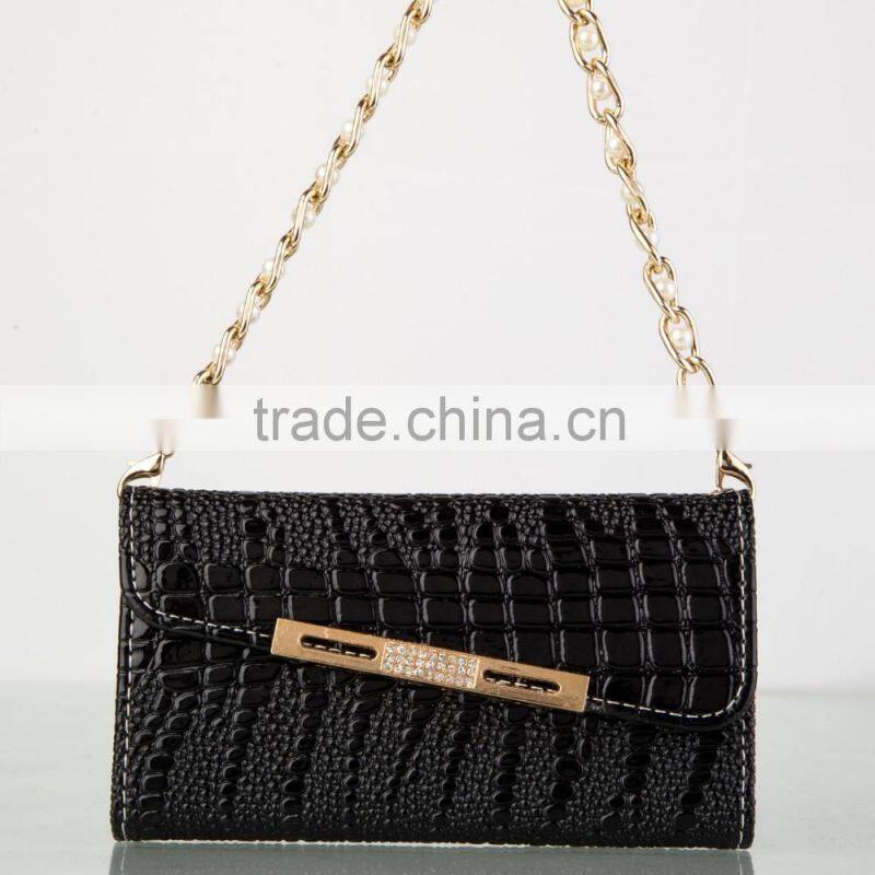 2015 latest design pearl chain tote bag design leather cell phone case for iphone 6