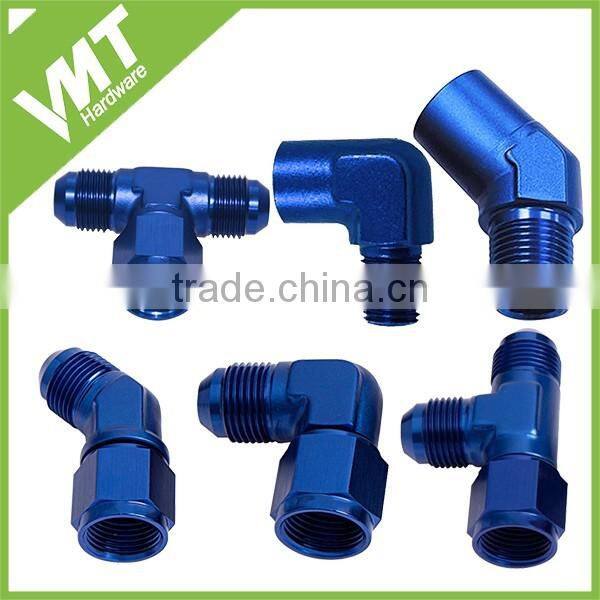 Anodized blue aluminum AN Tee female swivel on side