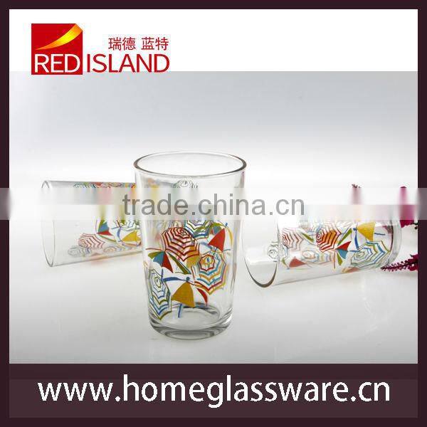 glass works supply drinking glass cup with decal, glass tumbler