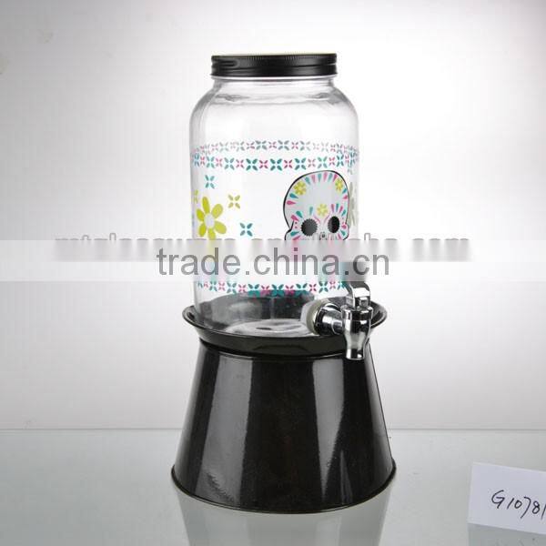 Halloween juice dispenser skull paper transfer with black lid metal s'tand
