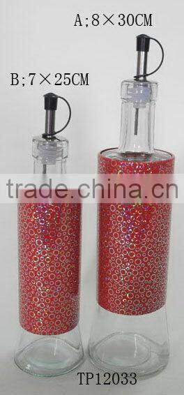 metal coating cylinder glass oil vinegar bottle with design