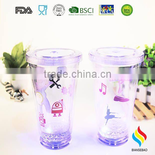 16OZ LED light double Wall BPA free plastic tumbler with straw