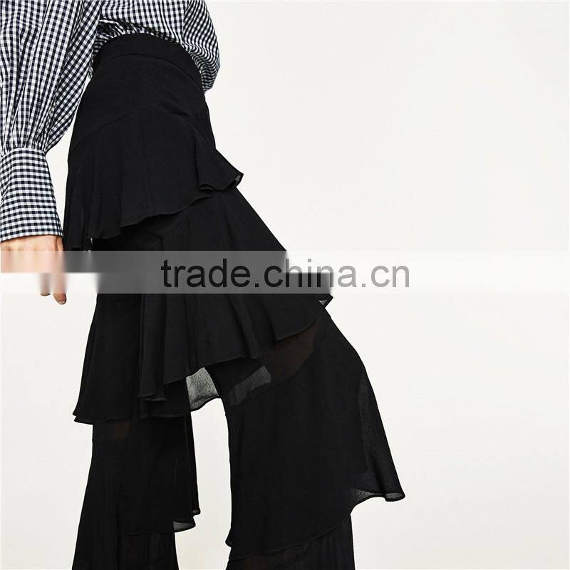 2017 spring womens elegant fancy side zip off frilled long dress pants