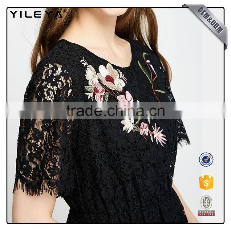 Women casual crochet black elegant floral and lace dress designs,ladies new model dress & ladies fashion lace patchwork dresses