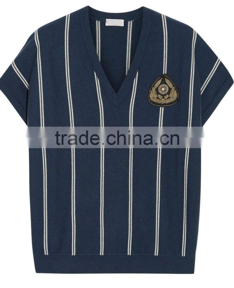 Hot Sale Navy and White Sleeveless Striped Knitted V-Neck Sweater for Women