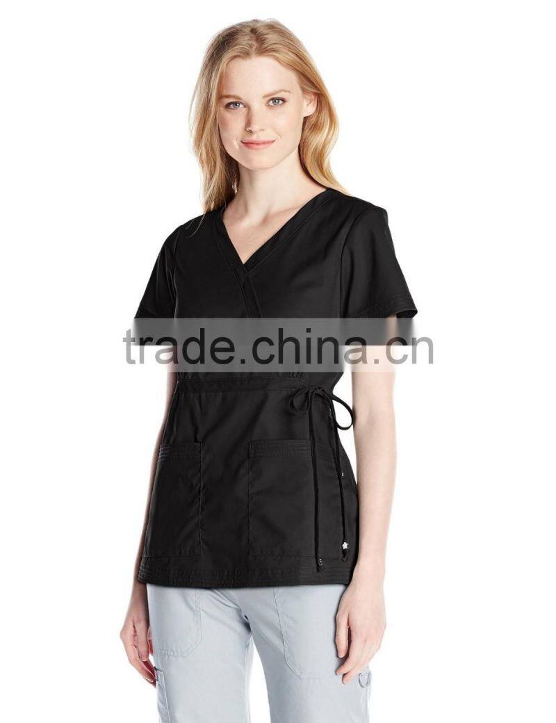 Women's Easy-Fit Mock-Wrap Scrub Shirt/Blouse Top with Adjustable Side Tie