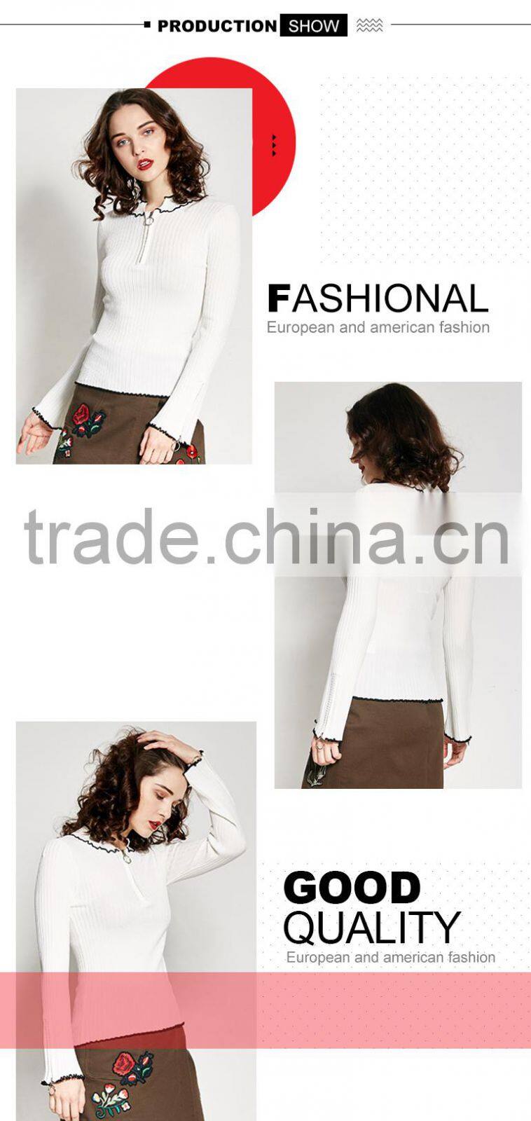 Women's crew neck cotton free knitting pullover sweater pattern with zipper