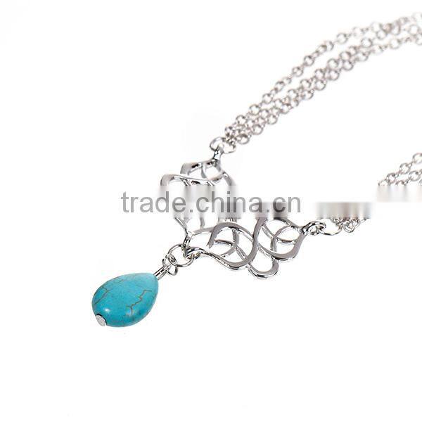 New Fashion Link Cable Chain Silver Tone Hollow Pattern Carved Connector With Turquoise Drop Pendant Body Arm Chain Necklace