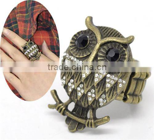 Vintage Antique Bronze Rhinestone Owl Halloween Ornaments Elastic Rings 18.3mm