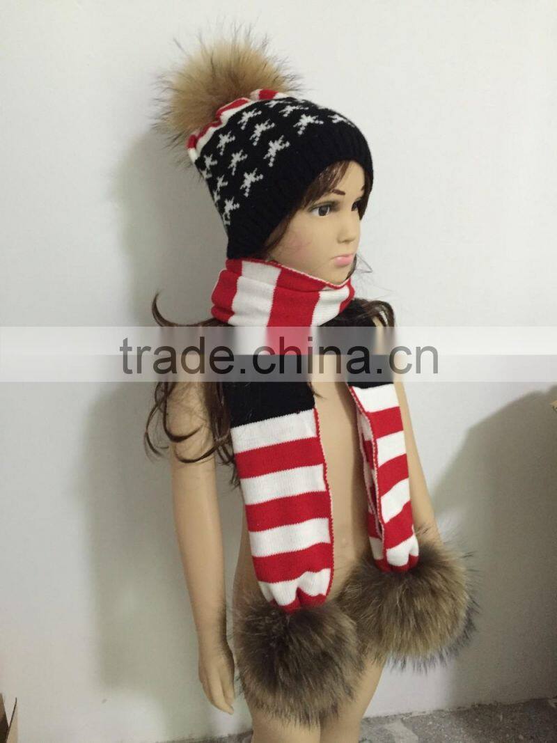 British and American style fashion beanie hat and scarf set with natural big raccoon fur ball decorate