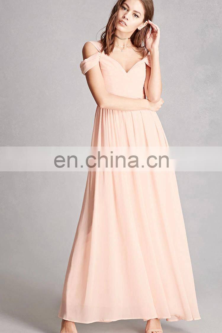 Fancy Chiffon Sweetheart Ladies Maxi Dress with Ruched Sleeves