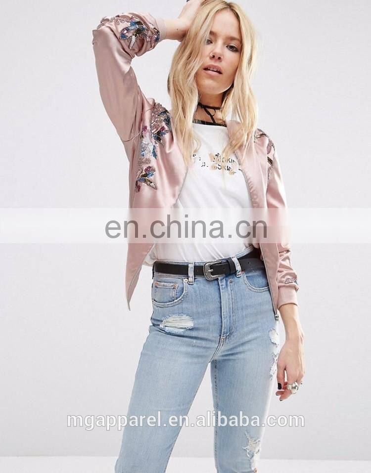 2016 Fashion women embroidered satin bomber jacket wholesale