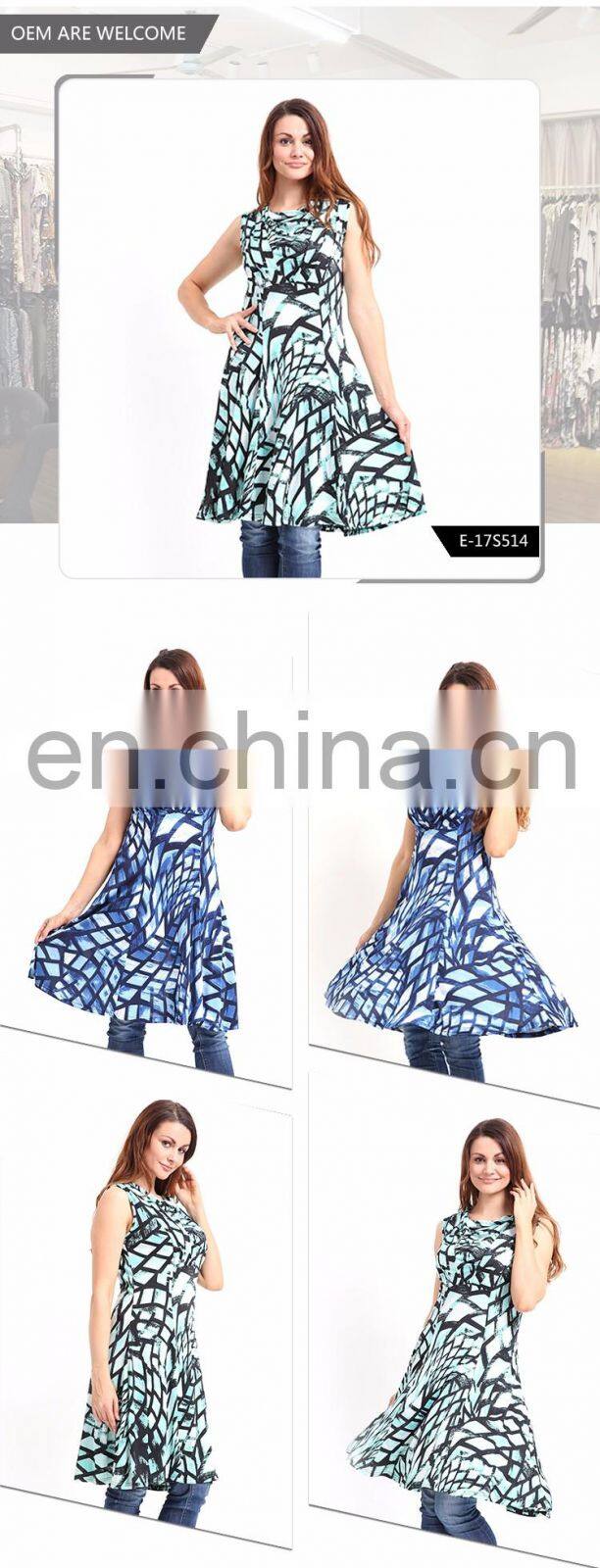 Polyester Fiber Sleeveless Ladies Clothing Tunic Print Dress