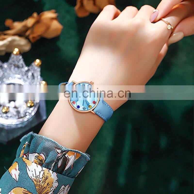 SHENGKE SK Woman Watch Drop Shipping Watches K0157L Blue Leather Wristwatch Japan Quartz Movement 2035 Big Stone Bling Dial