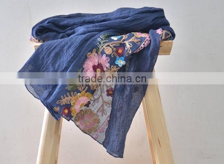 Hot Sell Fashion Beautiful Flower Embroidery Long Cotton Scarf Hejab