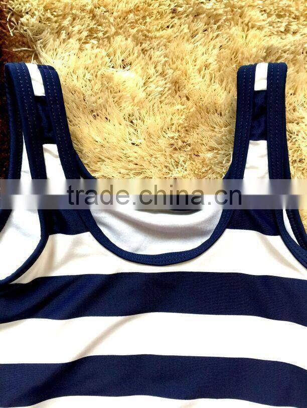 white and black stripes children swimwear,with a customized printing on front, one piece kids swimsuit,girls swimwear