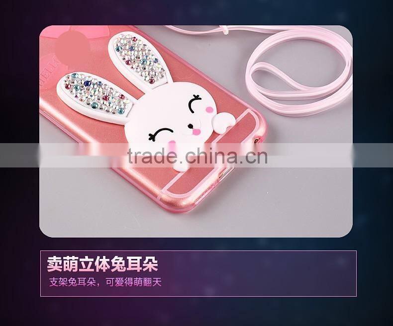 TPU Rhinestone Silicone Strap with Bracket Rabbit Fur Ball Case for iPhone 6S/6Plus