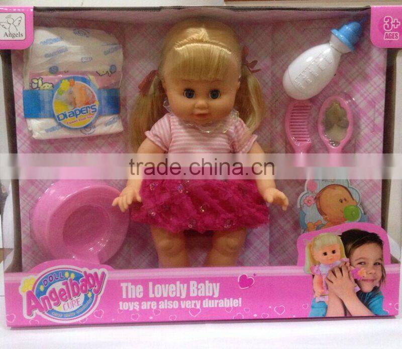 Hot selling 14inch soft material doll set drinking peeing girl baby doll toy