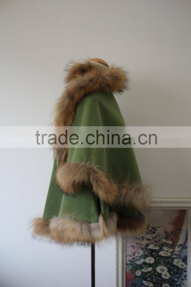 Original Design Pashmina Cape Poncho With Raccoon Fur Trim Ladies Luxury Natural Fur Edge Cashmere Shawl