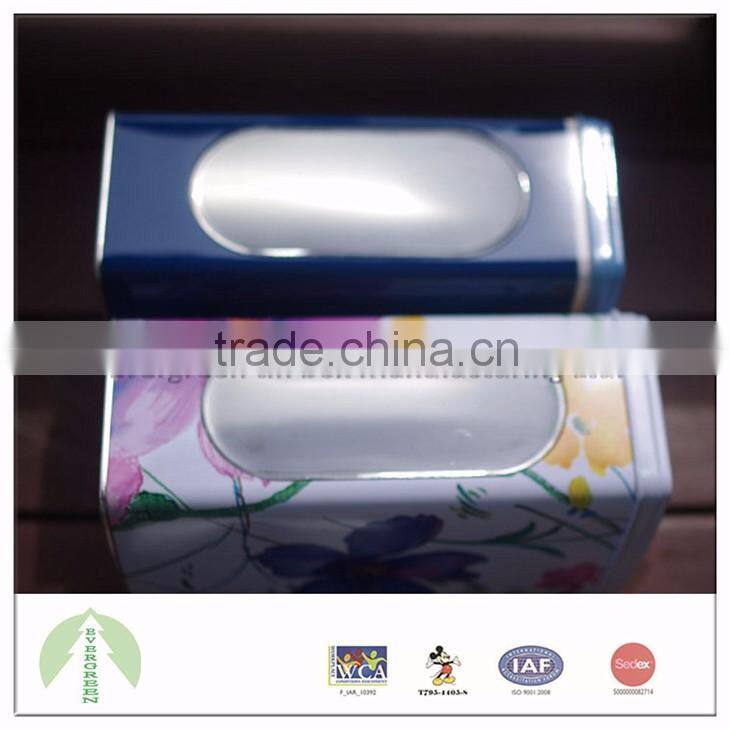 Evergreen tin box 12.35*8.00*18.65 cm round head rectangle with lift-off lid and PVC window