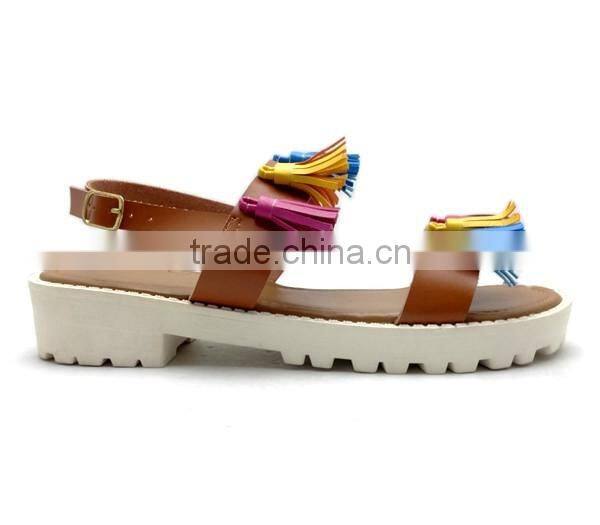 Latest ladies fancy design black pu leathaer flat sandals with ankle tassel strap women summer shoes pictures