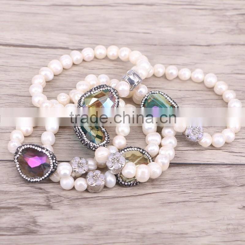 Freshwater Pearl Beads with Pave Crystal Glass Spacer Gem Bracelets, Mother Of Pearl Beaded Druzy Bracelet