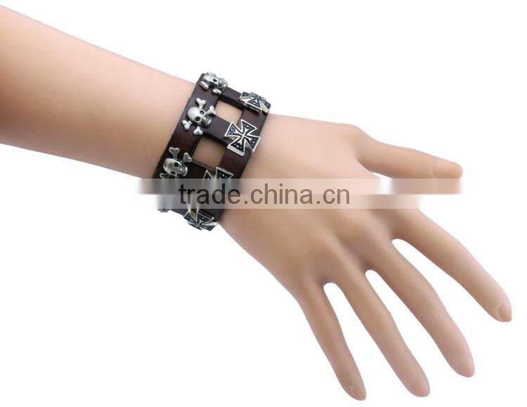 Cool Rock Leather Skull Bracelet Button Adjustable