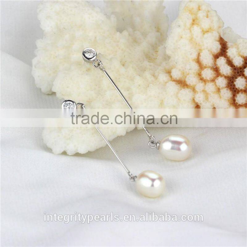 Fancy fashion white pearl earrings 8-9mm AAA drop long dangle pearl earring