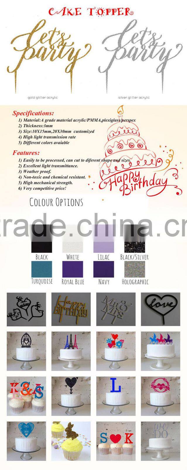 Factory manufacturer high quality acrylic material custom golden mirror cake topper