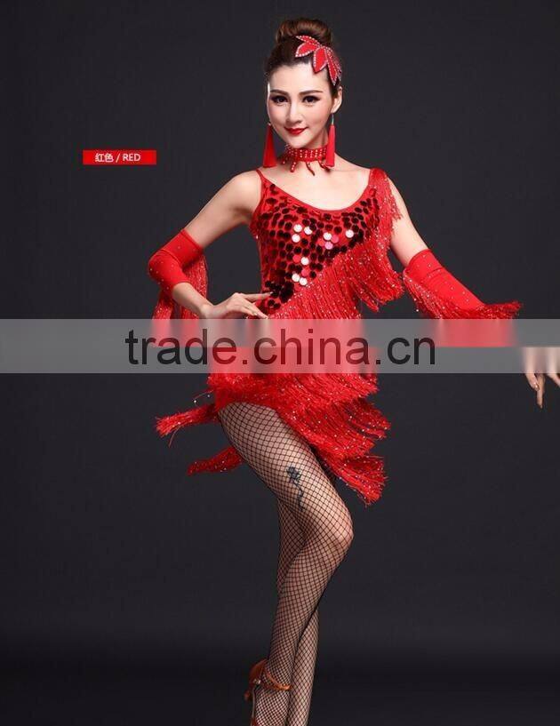Performance Lady Stage Blue Sequin Tassel Latin Dance Costumes Adult
